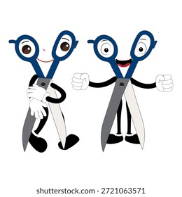 Personagem de mascote de tesoura bonito com expressões faciais engraçadas. Ilustração estilo desenho animado isolado no fundo branco, adequado para educação, ofício, DIY, papelaria, crianças, e conceitos de design criativo.