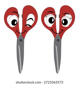 Carácter lindo de la mascota de las tijeras con expresiones faciales divertidas. Ilustración de estilo de dibujos animados aislados sobre fondo blanco, adecuado para educación, artesanía, bricolaje, papelería, niños y conceptos de diseño creativo.