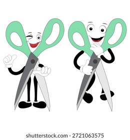 Carácter lindo de la mascota de las tijeras con expresiones faciales divertidas. Ilustración de estilo de dibujos animados aislados sobre fondo blanco, adecuado para educación, artesanía, bricolaje, papelería, niños y conceptos de diseño creativo.