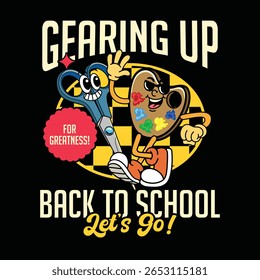 cute scissors and watercolor palette back to school characters in a retro comic illustration