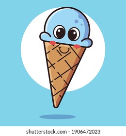 Cute Scoop Vanilla Ice Cream Mascot Character Vector Icon Illustration. Flat Cartoon Style.