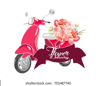 Cute Scooter With Flowers. Logo Design For Flower Delivery.