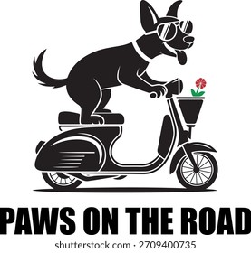 Diseño lindo del perro de la vespa-conducción con patas divertidas en el tema de la carretera