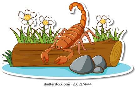 Cute scorpion standing on a log sticker illustration