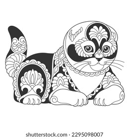 Cute Scottish fold cat design. Animal coloring page with mandala and zentangle ornaments