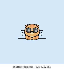 Cute scottish fold cat orange color with sunglasses cartoon, vector illustration