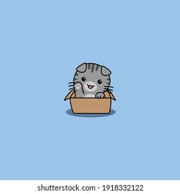 Cute scottish fold cat waving paw in the box cartoon, vector illustration