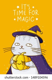 Cute scottish fold gray cat with pumpkin, witch hat and cloakon orange background - character for magic halloween design