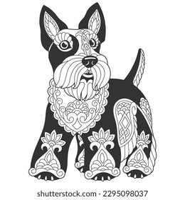 Cute scottish terrier dog design. Animal coloring page with mandala and zentangle ornaments