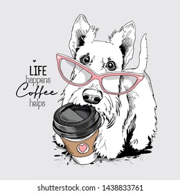 Cute Scottish Terrier puppy in a pink glasses with a plastic cup of coffee. Life happens coffee helps - lettering quote. Humor card, t-shirt composition, hand drawn style print. Vector illustration.