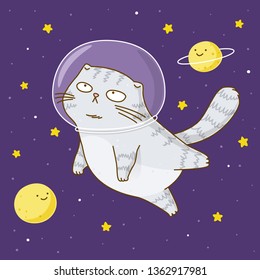 Cute scottishfold cat astronaut on starry space background