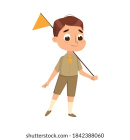 Cute Scout Boy with Flag, Scouting Child Character in Uniform, Summer Holiday Activities Concept Cartoon Style Vector Illustration