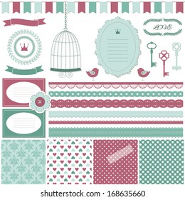 Cute scrapbook design elements set - frame, garland, card, signboard, lace, ribbon, bird cage, laurel wreath, crown, key, button, scotch tape and four romantic seamless pattern background. 