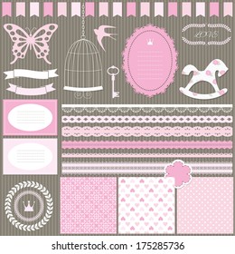 Cute scrapbook design elements set - frame, garland, card, lace, ribbon, bird cage, paper cut butterfly, horse, laurel wreath, crown, key and three romantic seamless pattern background. 