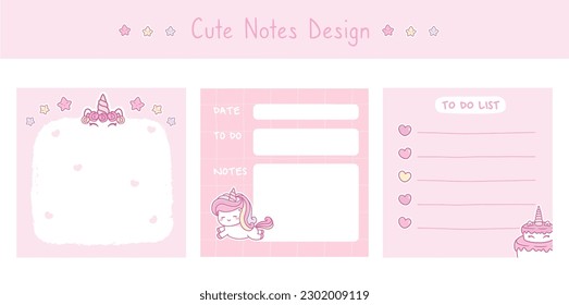 Cute scrapbook notes and memo template unicorn theme