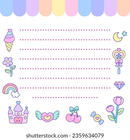 Cute scrapbook notes and memo template cute pink unicorn rainbow element icons