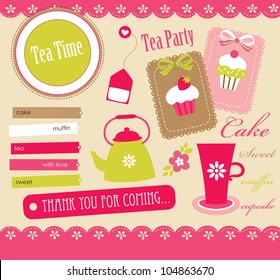 cute scrapbook tea time elements collection.vector illustration