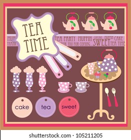 cute scrapbook tea time elements collection.vector illustration