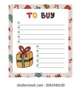 Cute scrapbook templates for planner with blank to buy list with hand drawn christmas, new year Illustration. Printable, editable. Empty list of christmas presents. To buy before christmas, new year