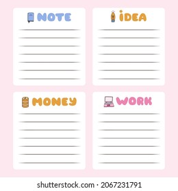 Cute scrapbook templates for planner, notepad, online diary (notes, to do, to buy and other). Can be used for writing notes, ideas, work and home plans, keeping track of the budget. Printable vector