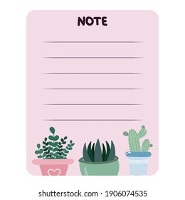 Cute scrapbook templates for planner (notes, to do, to buy and other) with different indoor flowers in pots. With printable, editable illustrations. For school and university schedule.