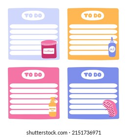 Cute scrapbook templates for planner (notes, to do, to buy and other) with colorful illustrations with cosmetic hair products. With printable, editable illustrations. For school, university schedule.