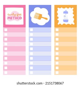 Cute scrapbook templates for planner (notes, to do, to buy and other) with colorful illustrations with cosmetic hair products. With printable, editable illustrations. For school, university schedule.
