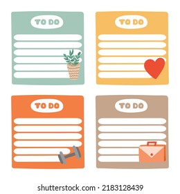 Cute scrapbook templates for planner (notes, to do, to buy and other) with colorful illustrations about work life balance. With printable, editable illustrations. For school and university schedule.