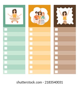 Cute scrapbook templates for planner (notes, to do, to buy and other) with colorful illustrations about work life balance. With printable, editable illustrations. For school and university schedule.