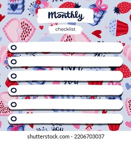 Cute scrapbook templates for planner (notes, to do, to buy, to read) with illustrations about love, romance, Valentine's day. With printable, editable illustrations. For school and university schedule