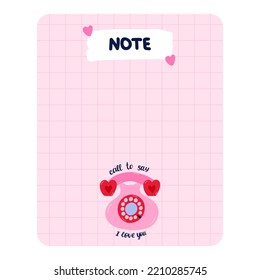 Cute scrapbook templates for planner (notes, to do, to buy, to read) with illustrations about love, romance, Valentine's day. With printable, editable illustrations. For school and university schedule