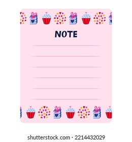 Cute scrapbook templates for planner (notes, to do, to buy, to read) with illustrations about love, romance, Valentine's day. With printable, editable illustrations. For school and university schedule