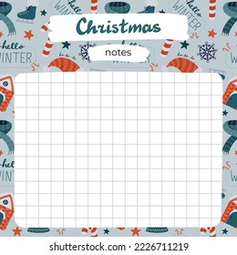 Cute scrapbook templates for planner (notes, to do, to buy and other) with illustrations about Christmas, New year, winter. With printable, editable illustrations. For school and university schedule