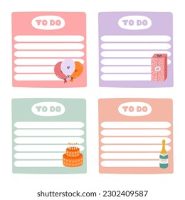 Cute scrapbook templates for planner (notes, to do, to buy and other) with colorful han drawn clipart about birthday party. With printable, editable illustrations. For school and university schedule.