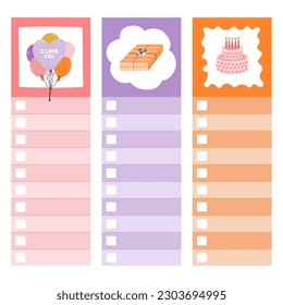 Cute scrapbook templates for planner (notes, to do, to buy and other) with colorful han drawn clipart about birthday party. With printable, editable illustrations. For school and university schedule.