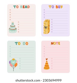 Cute scrapbook templates for planner (notes, to do, to buy and other) with colorful han drawn clipart about birthday party. With printable, editable illustrations. For school and university schedule.