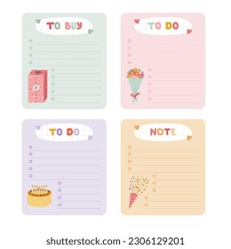 Cute scrapbook templates for planner (notes, to do, to buy and other) with colorful han drawn clipart about birthday party. With printable, editable illustrations. For school and university schedule.