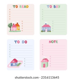 Cute scrapbook templates for planner. Notes, to do, to buy and other with colorful drawn clipart of cute little country house. With printable, editable illustrations. For school, university schedule