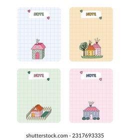 Cute scrapbook templates for planner. Notes, to do, to buy and other with colorful drawn clipart of cute little country house. With printable, editable illustrations. For school, university schedule