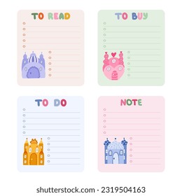 Cute scrapbook templates for planner (notes, to do, to buy) with fairy tale castles with towers of kings and queens. With printable, editable illustrations. For school and university schedule.
