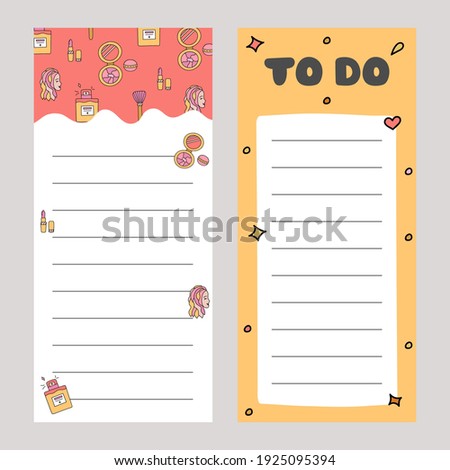 Cute scrapbook templates for planner (notes, to do, to buy and other) with colorful illustrations about beauty care. With printable, editable illustrations. For school and university schedule.