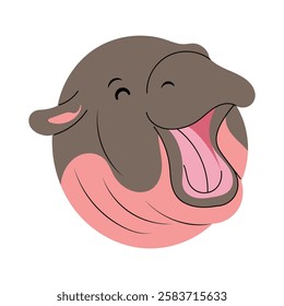 Cute screaming and laughing baby hippo. Wild animal cub face. Hand drawn isolated vector illustration in flat design.