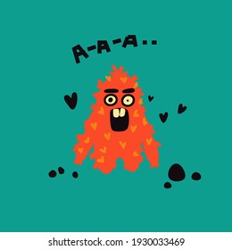 Cute screaming red monster with the words A-a-a. Vector illustration hand drawn. Modern vector art for poster, baby and baby clothes