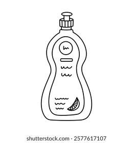 Cute scribble dish washing gel with lemon flavor for kitchen utensil. Hand drawn bottle of detergent product to wash plates, mugs. Funny line doodle for sanitation isolated on white background.