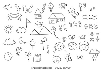 cute scribble element object with bear,tree,rainbow,123,abc,flower