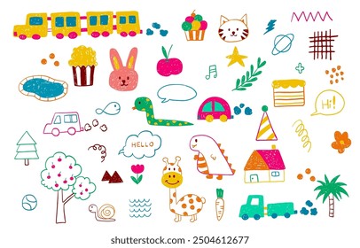 cute scribble element object with train,snake,popcorn,truck,palm tree,dinosaur
