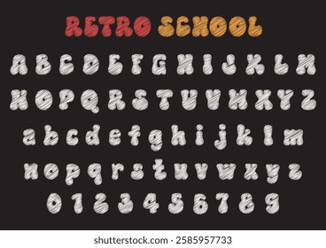 Cute Scribble Font Alphabet, Retro Line Font Alphabet, letter of alphabet set, Graduation School theme, Typography typeface uppercase lowercase and number, Retro School Font, Vector illustration