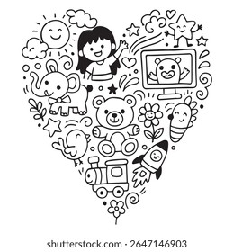 Cute scribble icons of children are arranged. Illustration of a funny childish simple vector hand-drawn. Flowers, hearts, elephants, children's stars, which form a heart