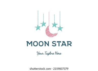 Cute Scribble Lovely Hanging Moon Star Logo Design Vector