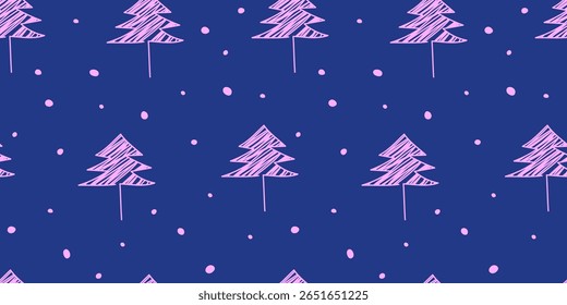 Cute scribble pink Christmas tree seamless pattern on blue background. Hand drawn winter pattern with snow. Fun holiday design for kids, wrapping, and decor